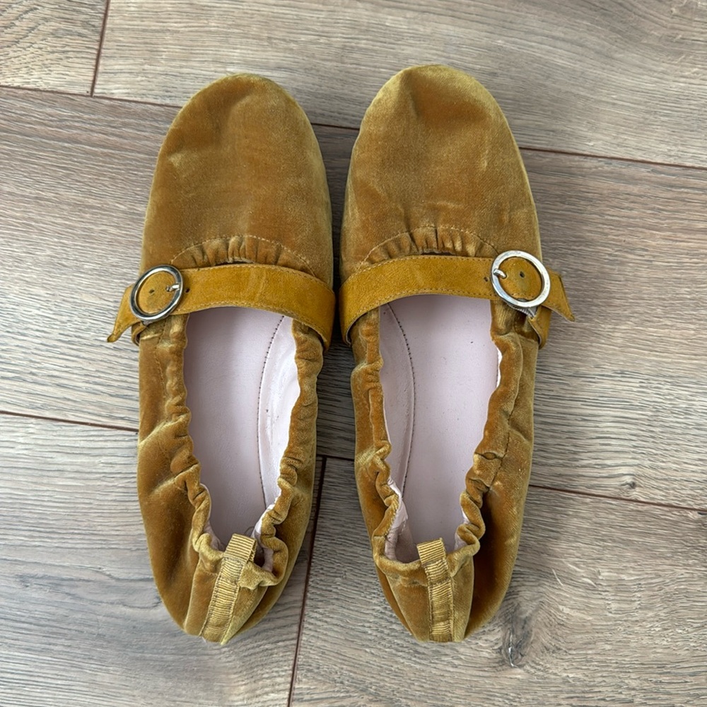 J.Crew Gold velvet Mary Jane flats, size 7.5